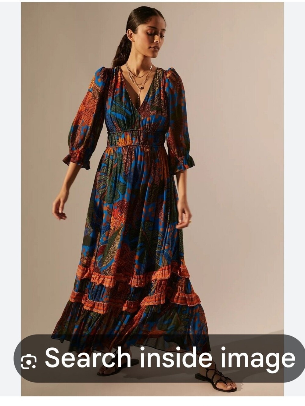 New, ANTROPOLOGUE, Farm RIO. XS. Bohemian Floral Maxi Dress - Blue & Orange